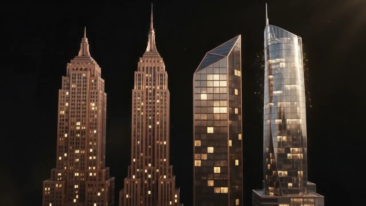 Glass and copper towers lit in a dark studio