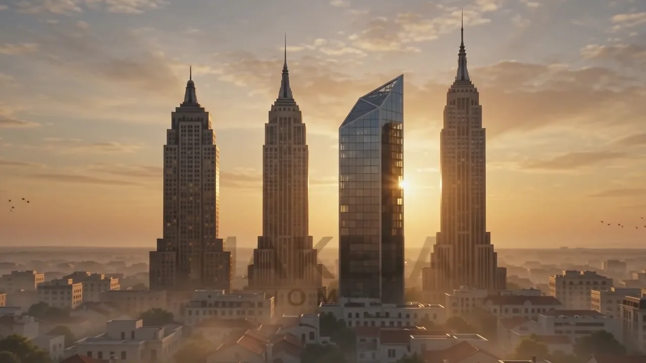 Four towers silhouetted against a golden sunrise over a city