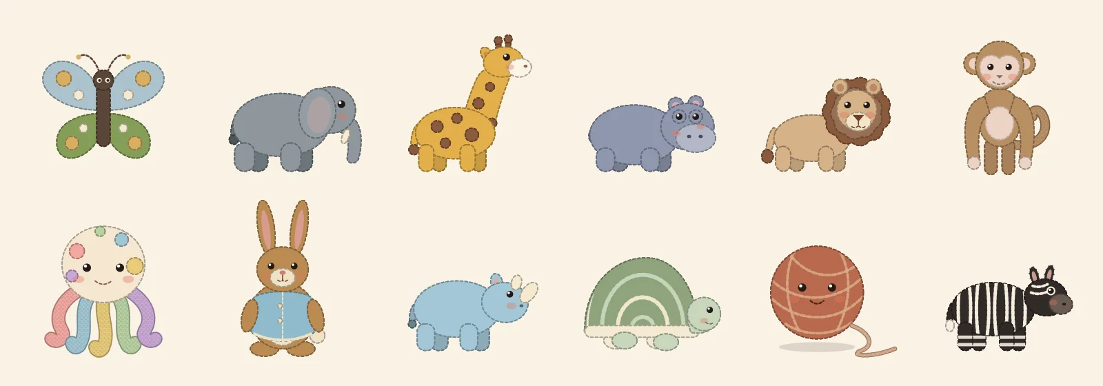 Sheet of twelve stitched animal characters