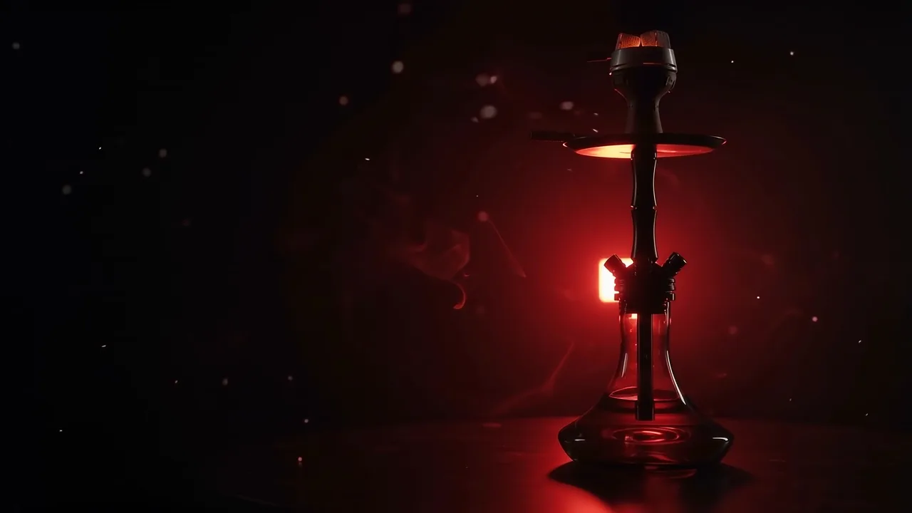 A hookah lit red in a dark room
