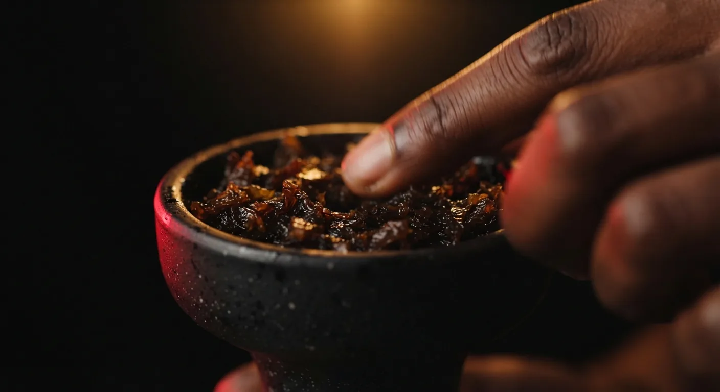 A hand pressing tobacco into a bowl