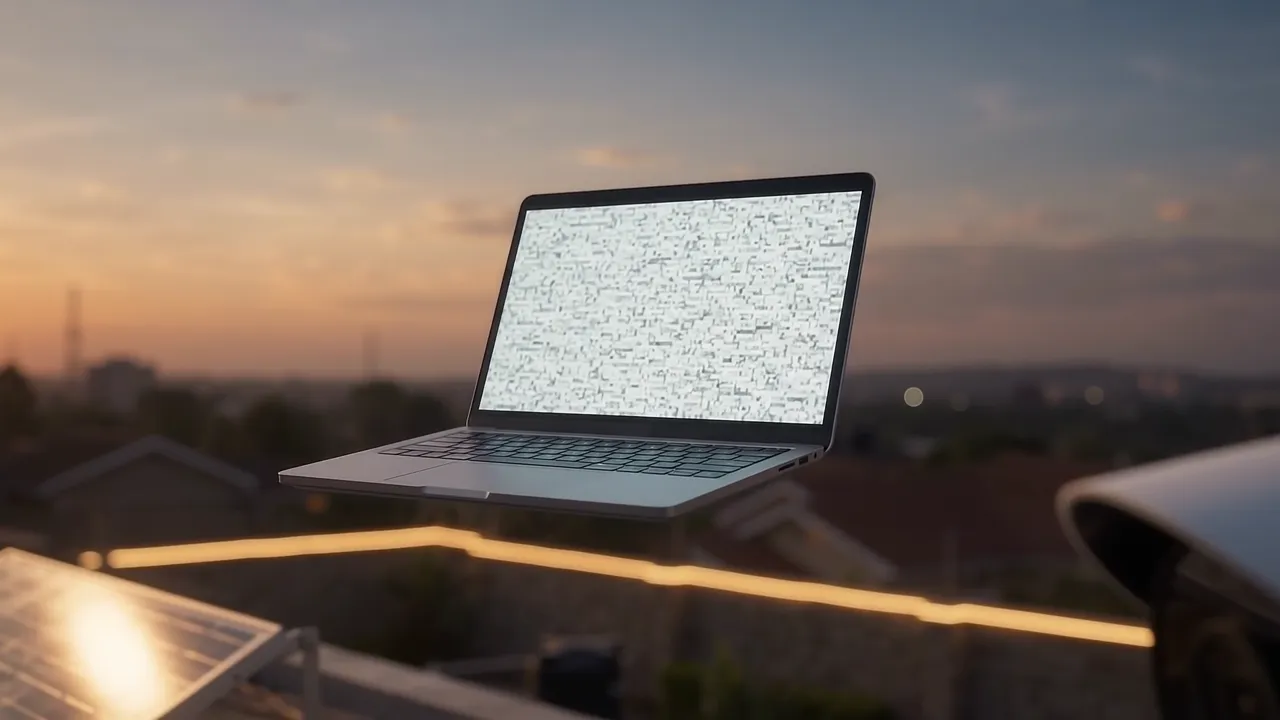 Laptop at dusk on a Nairobi rooftop with CCTV and solar panels