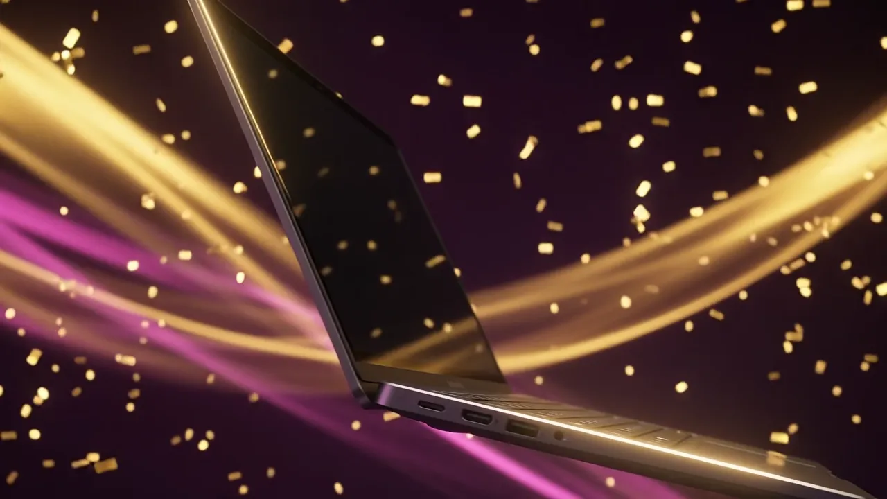 Laptop showing the Noevella site in a plum studio with gold light