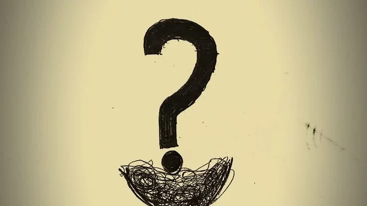 A pen drawing of a giant question mark rising out of a scribbled, headless figure