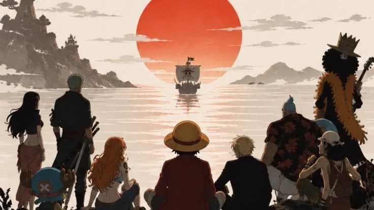The Straw Hat crew, Robin among them, sitting on a cliff watching their ship sail into a red sun