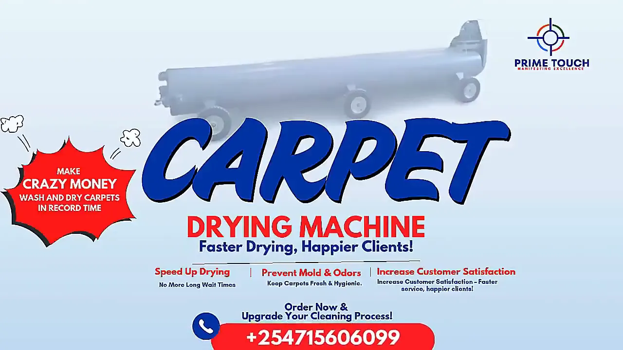 Carpet drying machine ad with a bold blue headline