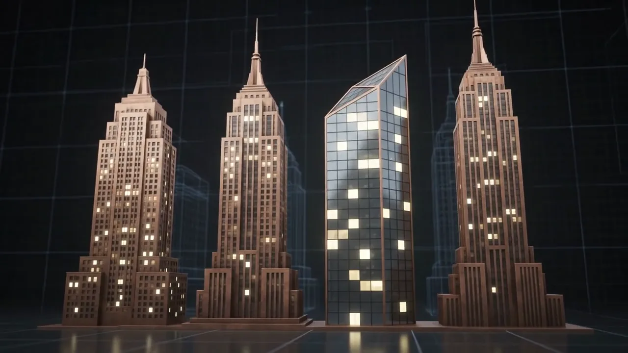Copper towers built out of a glowing blueprint grid