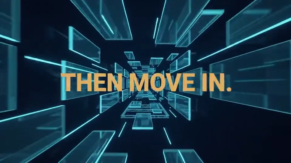 Gold type reading Then move in inside a glowing glass tunnel