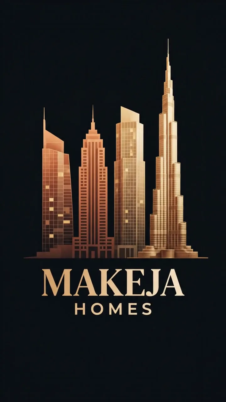 Four copper towers rise into the Makeja Homes logo on a dark background