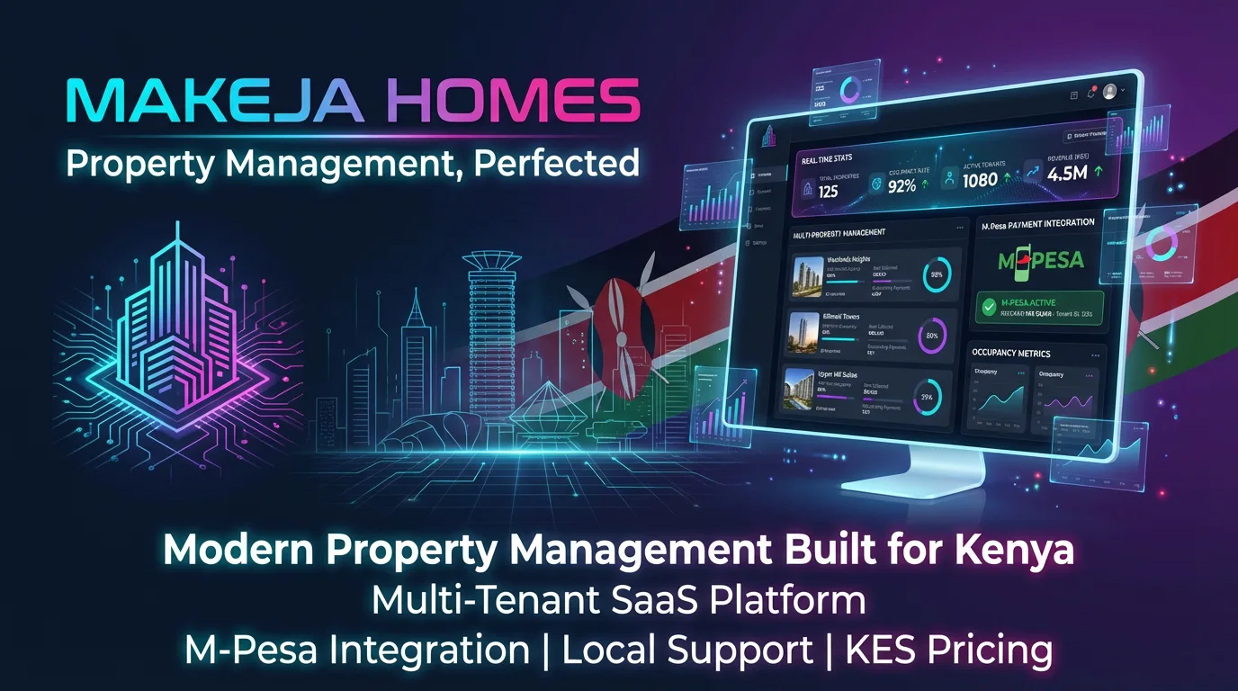 Makeja Homes marketing banner with a dashboard and Kenyan flag