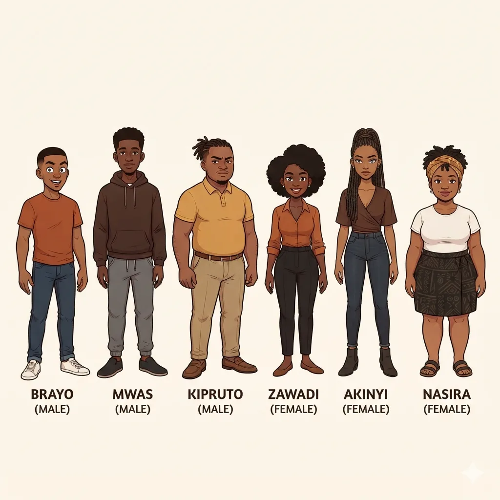 Six illustrated Kenyan characters in a line-up