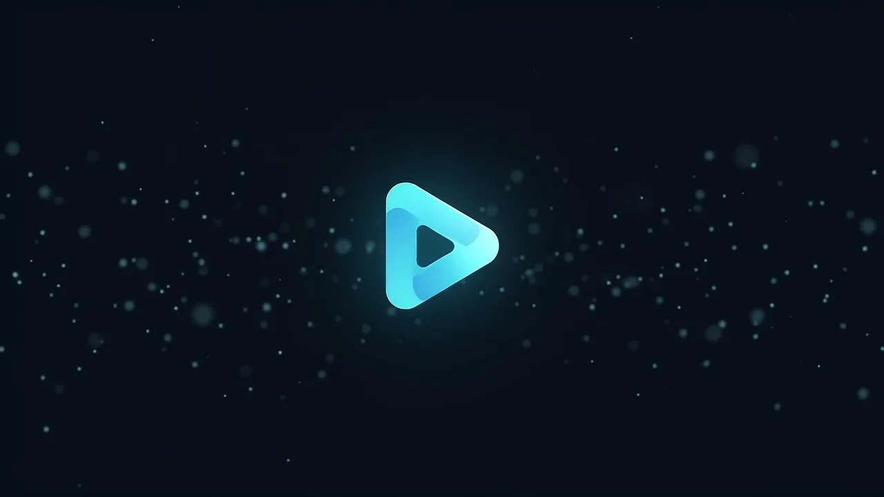 Cyan play icon floating in a dark particle field