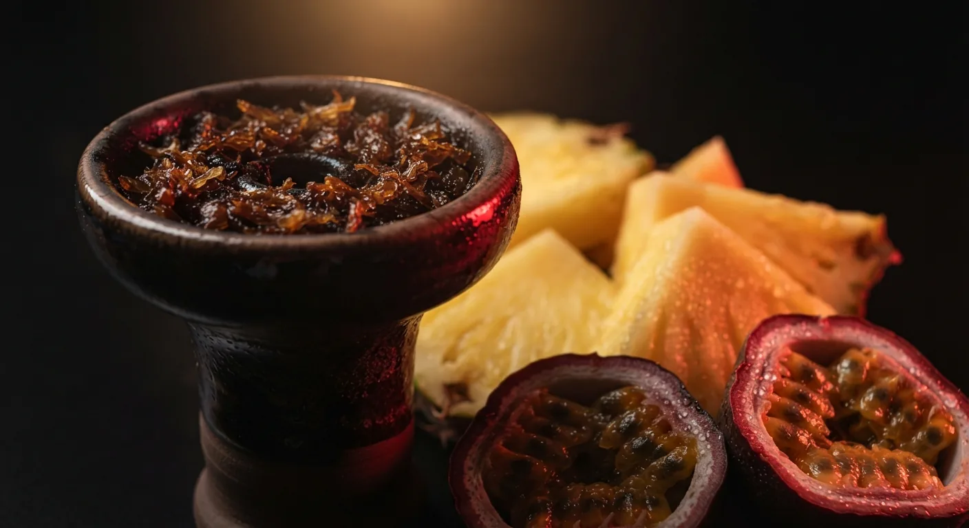 Hookah bowl beside pineapple and passion fruit