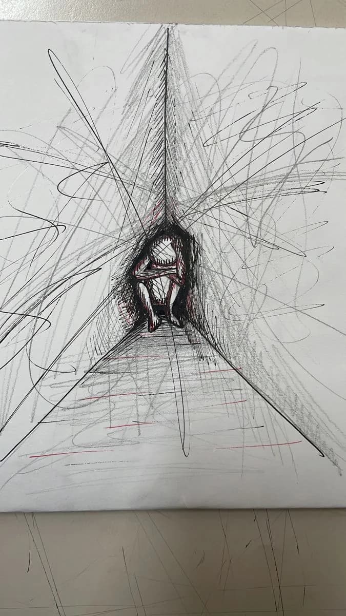 A pen and pencil sketch of a person curled up in a corner, surrounded by frantic scribbles