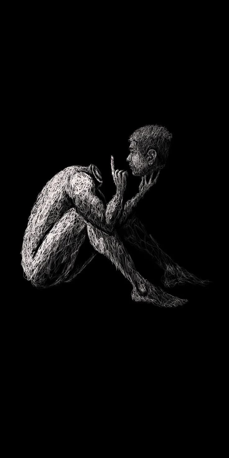 A scribbled figure sitting with knees up, holding his own head in his hand, finger raised as if to speak