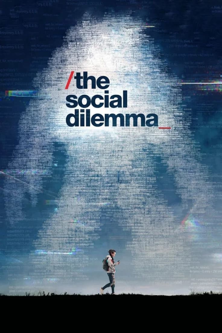 A poster for The Social Dilemma: a girl looking at her phone walks under a huge figure made of code