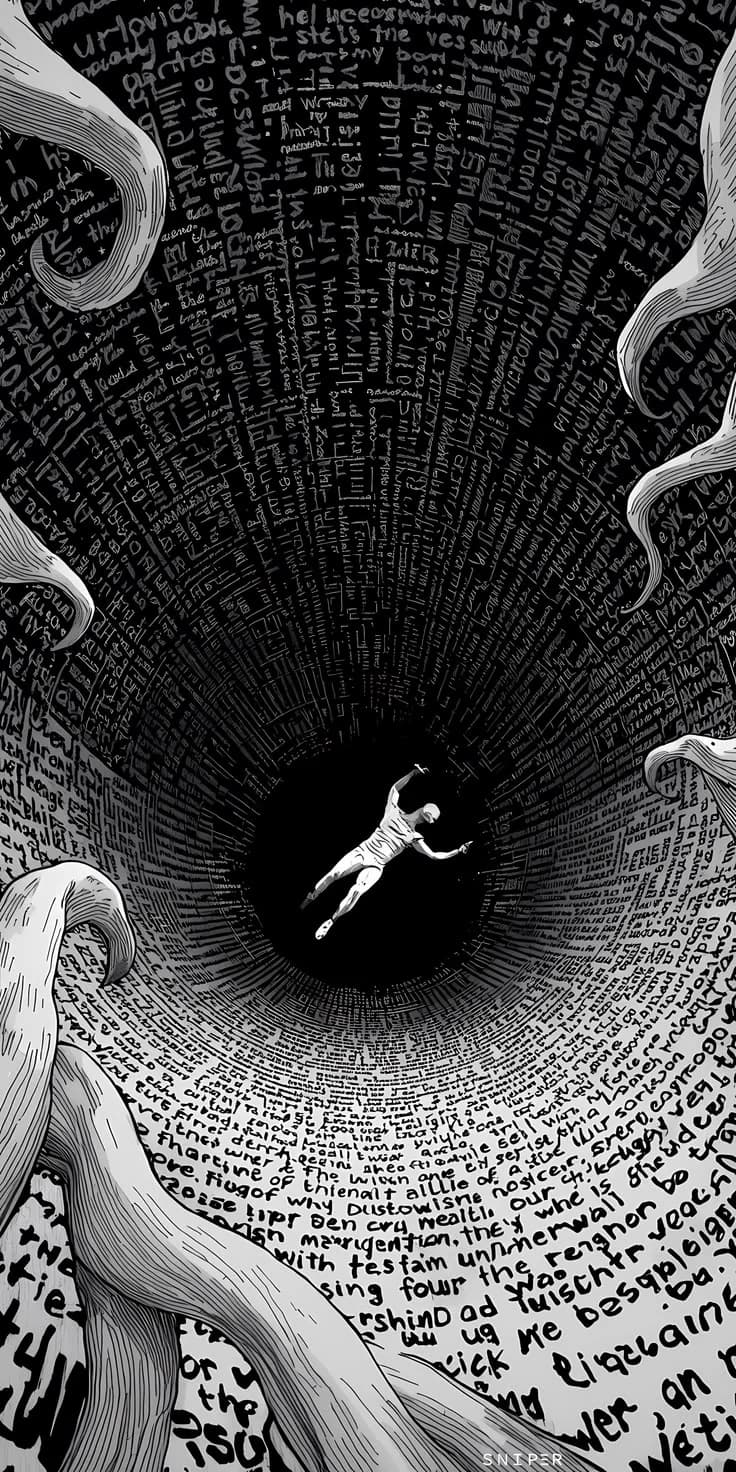 A small figure falling down a tunnel whose walls are covered in endless handwritten words