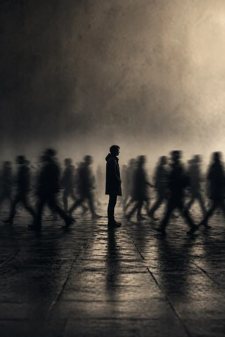 A man standing still in a misty square while blurred crowds rush past him on both sides