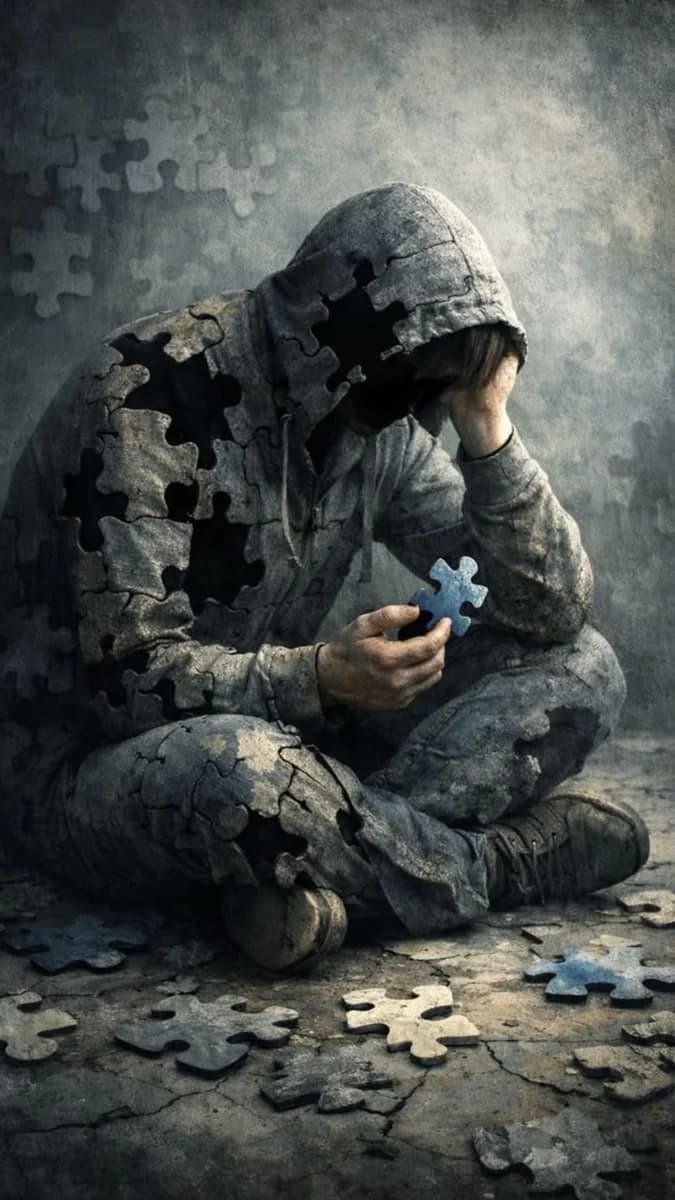 A hooded man sitting on the floor with his head in his hand, his body made of jigsaw pieces with some missing, holding one piece