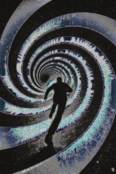 A silhouette running into a swirling tunnel