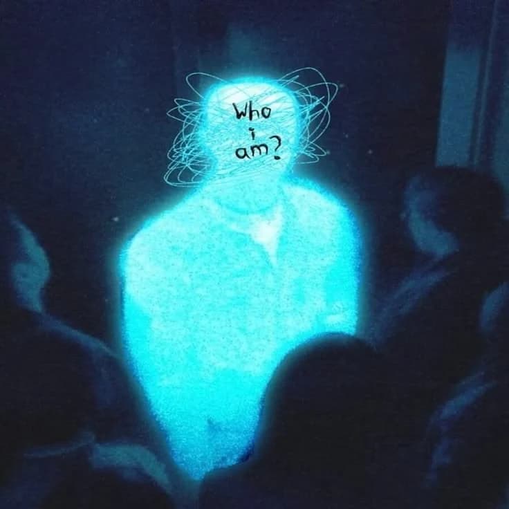 A glowing blue figure among dark silhouettes, with the words who I am scribbled over its head