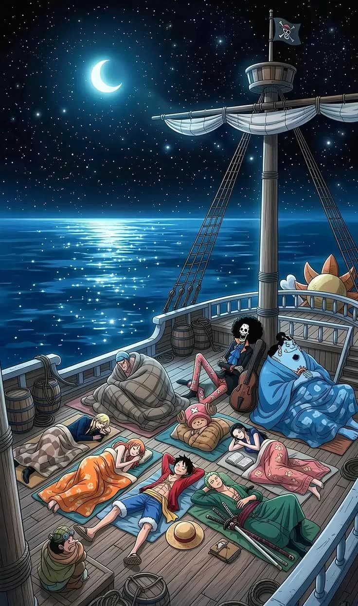The whole crew asleep on the deck of their ship under a full moon, Robin dozing beside an open book