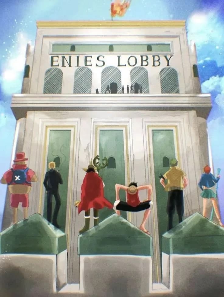 The Straw Hats standing on the rooftops in front of the Enies Lobby gates, the government flag above them