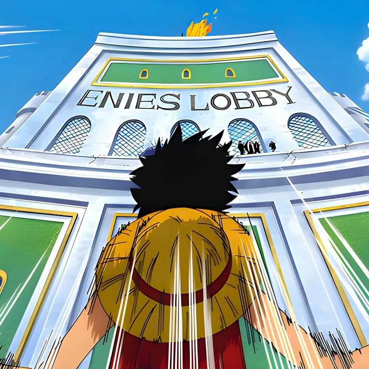 Luffy seen from behind in his straw hat, staring up at the Enies Lobby building