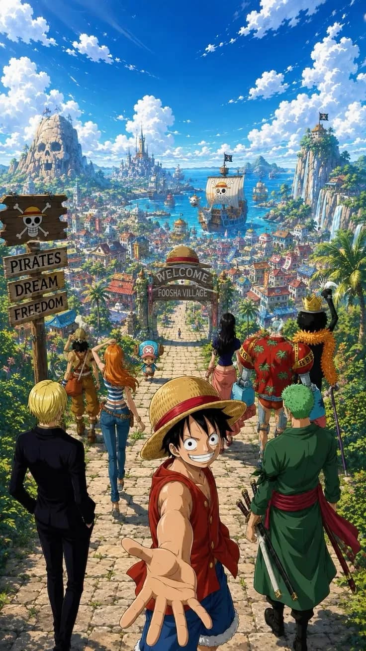 Luffy grinning and holding his hand out to the viewer while the crew walks down a road toward the sea