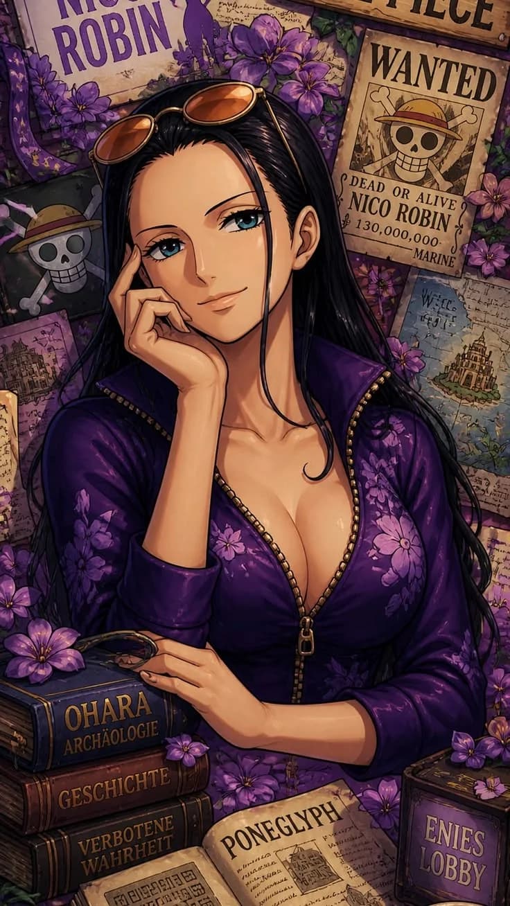 Nico Robin resting her head on her hand beside a Marine wanted poster with her face, books on Ohara and the Poneglyphs stacked in front of her