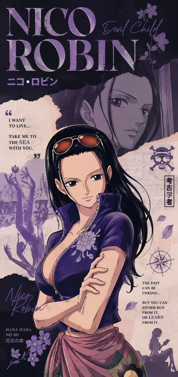 A purple poster of Nico Robin with the words I want to live, take me to the sea with you