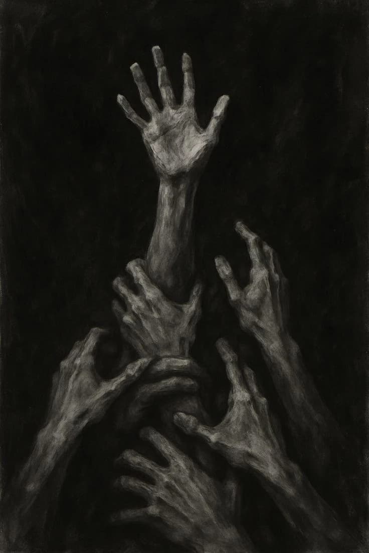 A charcoal drawing of one hand reaching upward while many other hands grab its arm and pull it down