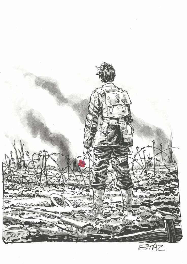 An ink drawing of a young soldier standing in a ruined field of barbed wire and smoke, holding a single red poppy